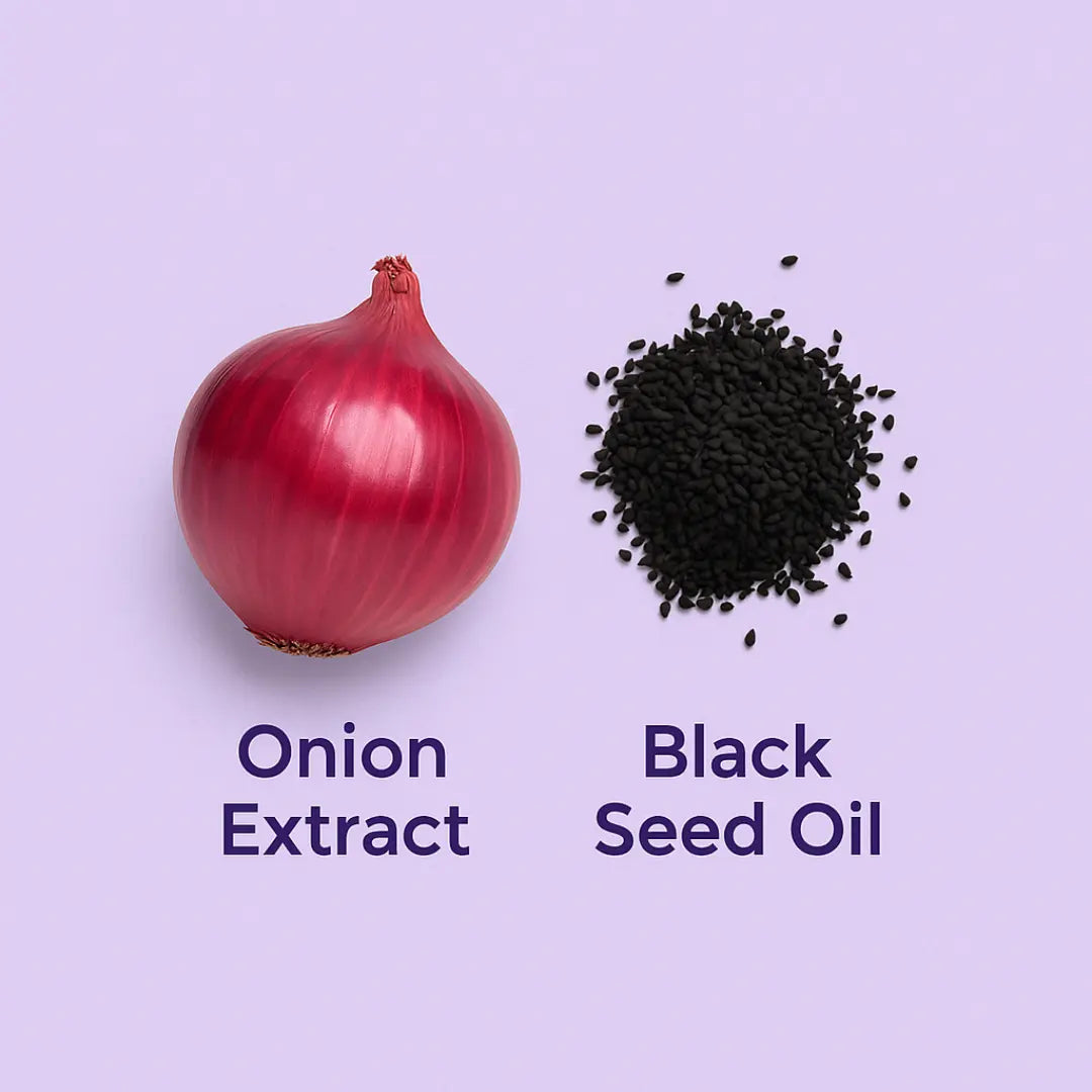 Onion and black seed ingredients beside Glamlin bottle