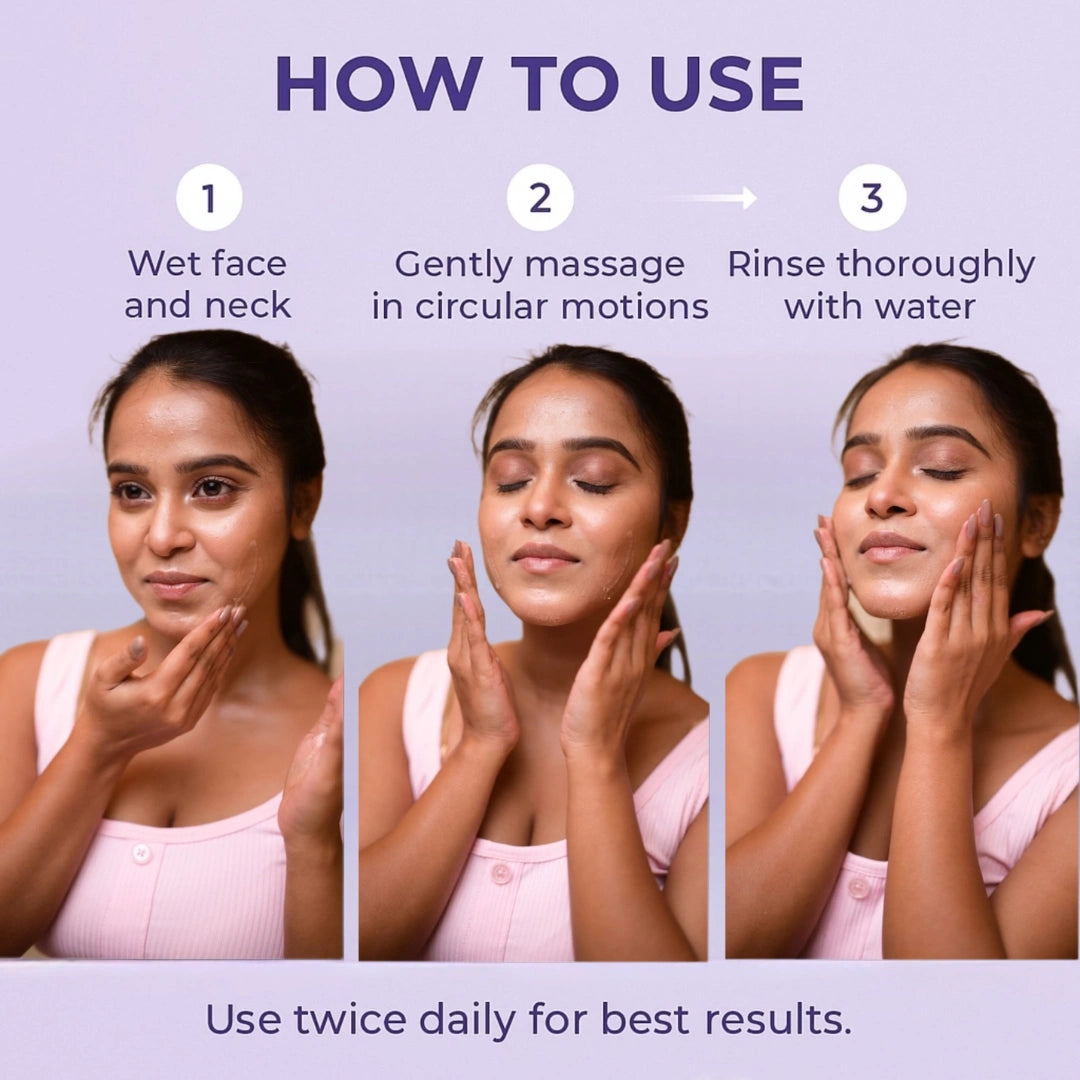 Step-by-step guide on how to use Glamlin gentle face wash with a woman demonstrating each step.