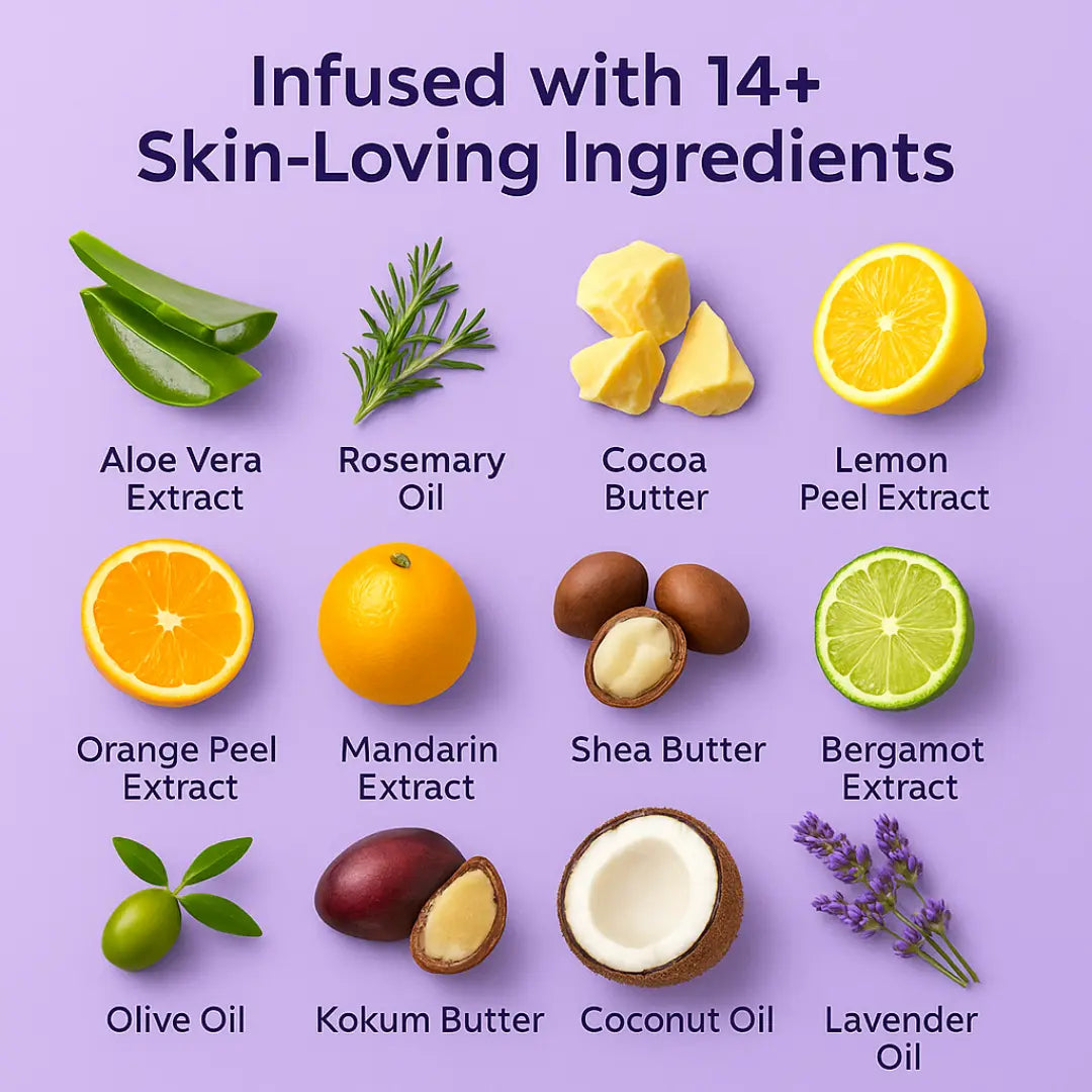 Glow Body Lotion with Aloe Vera and Cocoa Butter, Lemon Peel Extract, Orange Extract, Coconut Oil, Lavender Oil, Olive oil, Kokum Butter ingredients