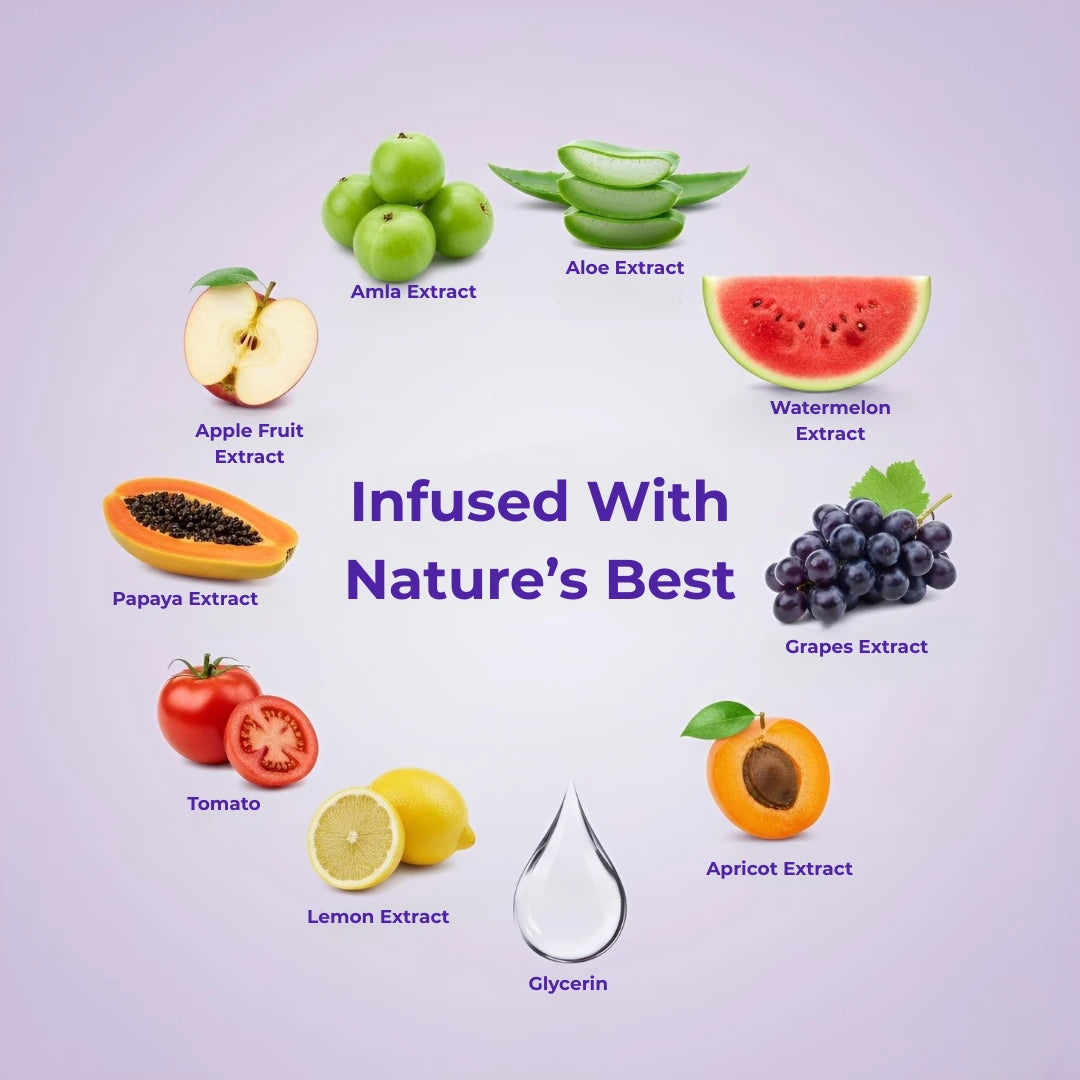 Papaya and apple ingredients beside Glamlin face wash