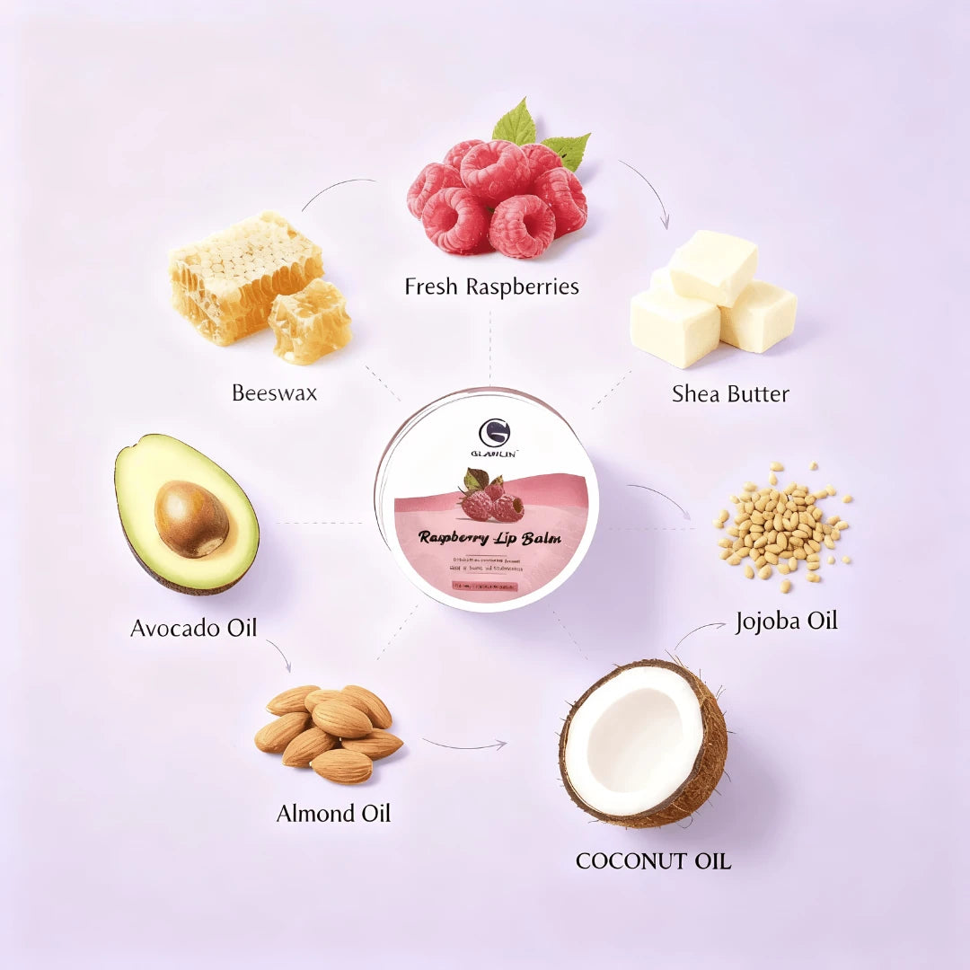 Natural raspberry lip balm ingredients flat lay