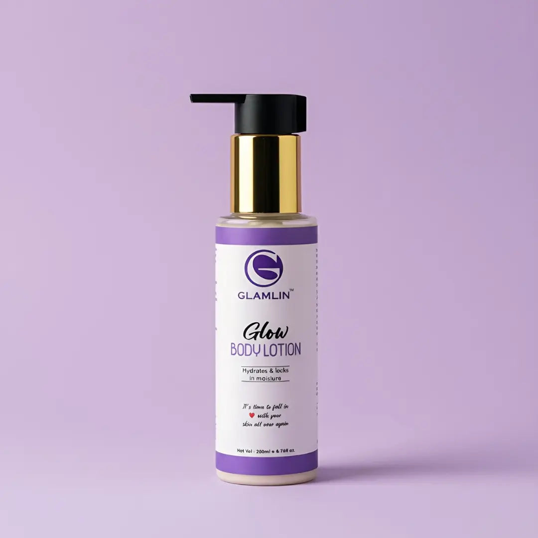 Glamlin Glow Body Lotion bottle on purple background