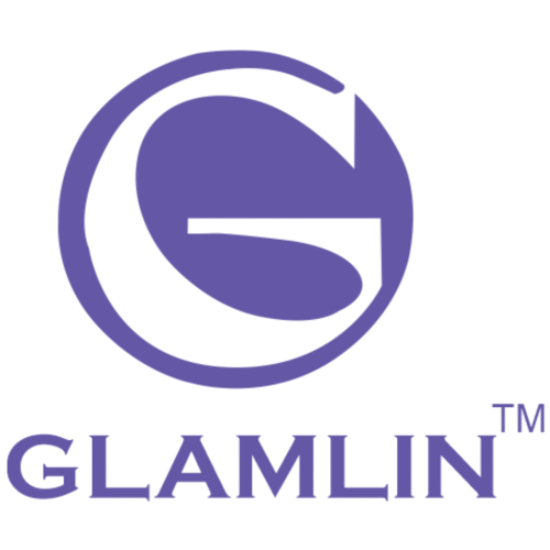 Purple 'GLAMLIN' logo on a white background