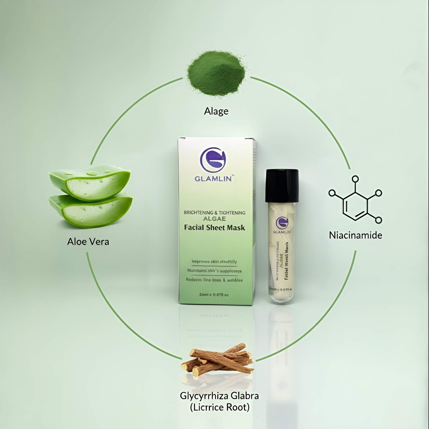 Algae and aloe vera extract ingredients beside Glamlin sheet mask