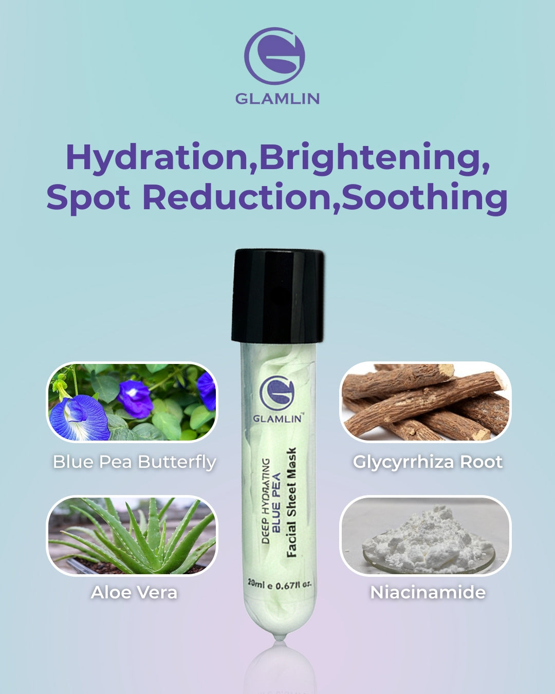 Blue Pea Butterfly extract beside Glamlin sheet mask